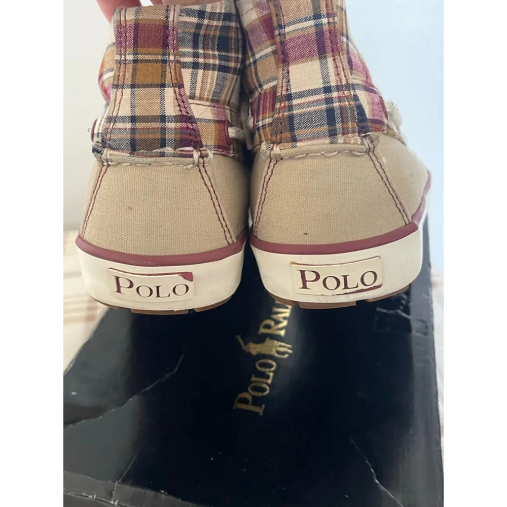 Polo Ralph Lauren Lander Chukka Boots Mens 8D Madras Plaid Tan Canvas